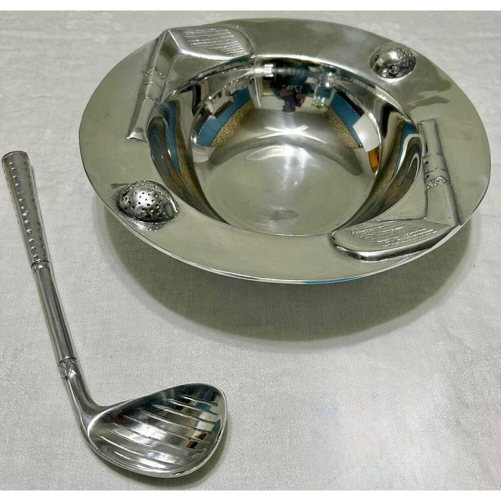 Vintage Pewter Golf Bowl w/ Golf Club Spoon Mexico 12" Decorative Sports Gift